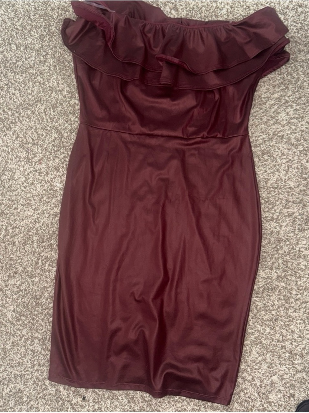 Fashion Nova One-Shoulder Ruffle Sheath Dress in Burgundy